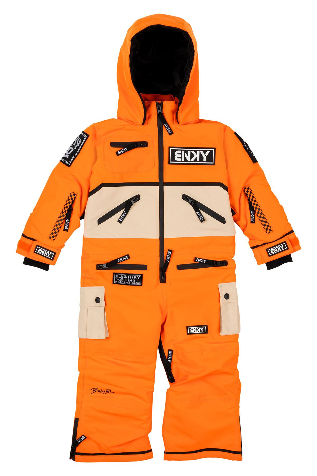 Bright orange BNKY Dragonfire snowsuit with black and cream accents, featuring multiple pockets and a hood for warmth.