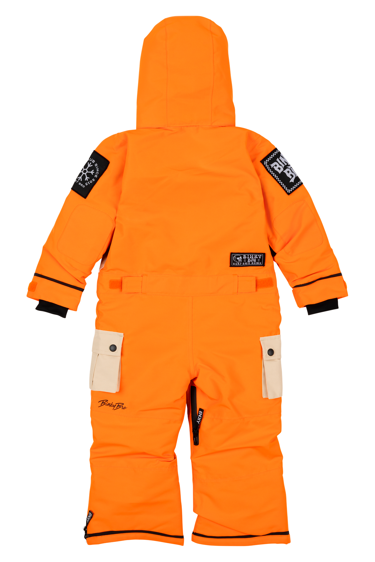 Bright orange BNKY Dragonfire snowsuit for kids, featuring a hood and adjustable cuffs, designed for winter adventures.