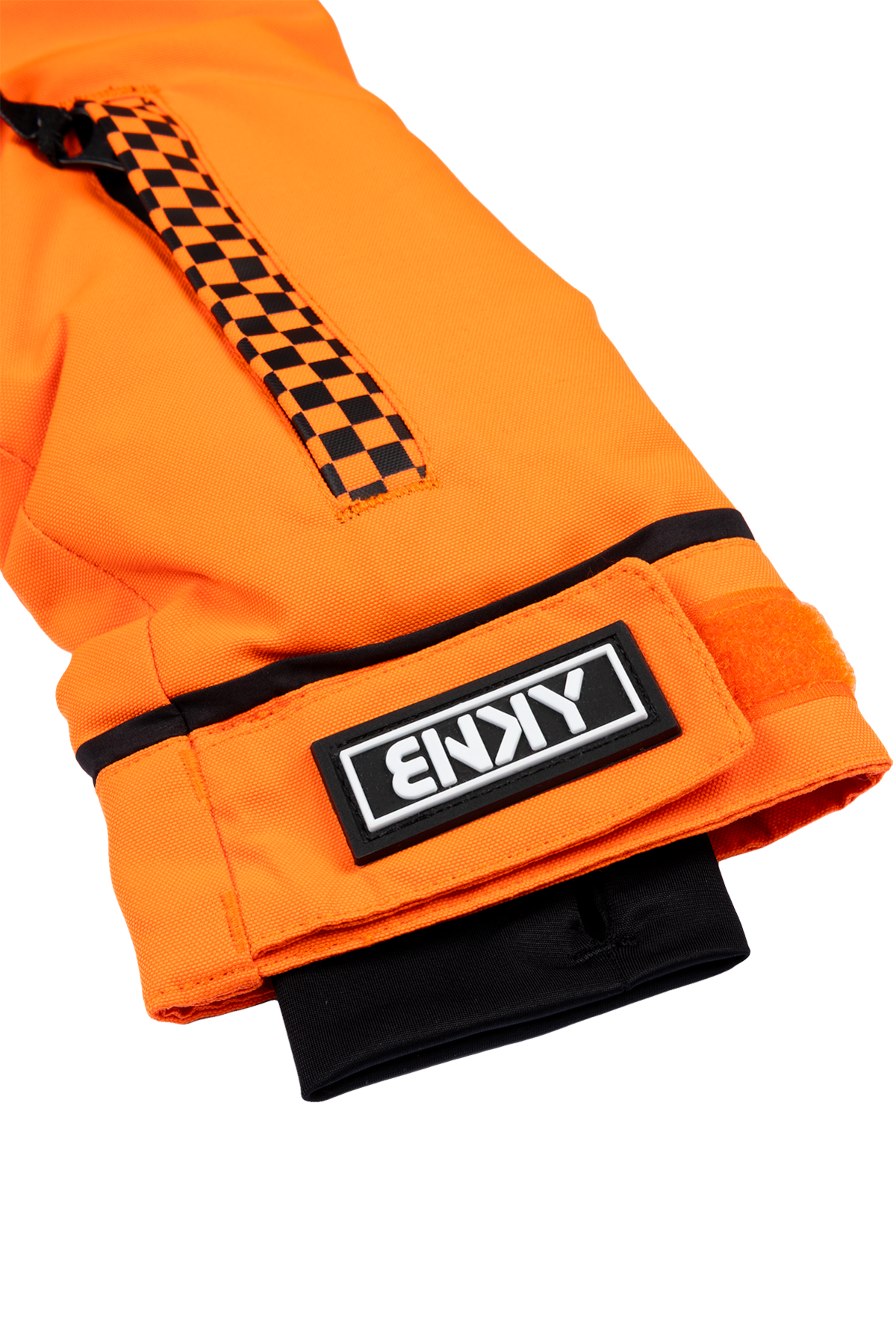 Bright orange BNKY Dragonfire jacket sleeve featuring a checkered zipper and logo patch, designed for stylish youth apparel.