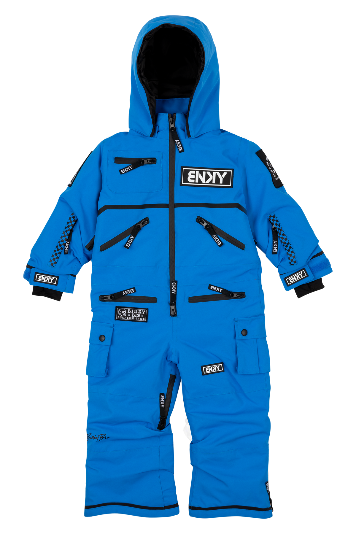 Bright cobalt blue snowsuit for kids featuring multiple zippered pockets and a cozy hood, perfect for winter adventures.