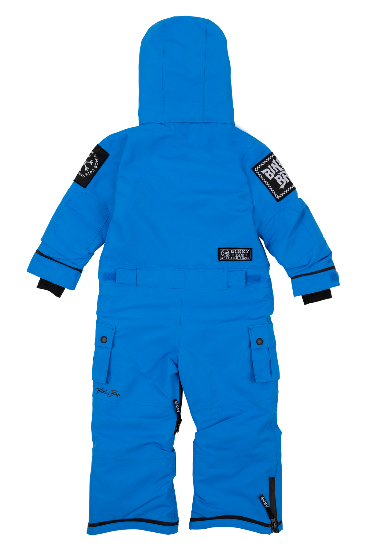 Bright cobalt blue snowsuit with a hood, featuring black accents and patches, designed for infants and toddlers.