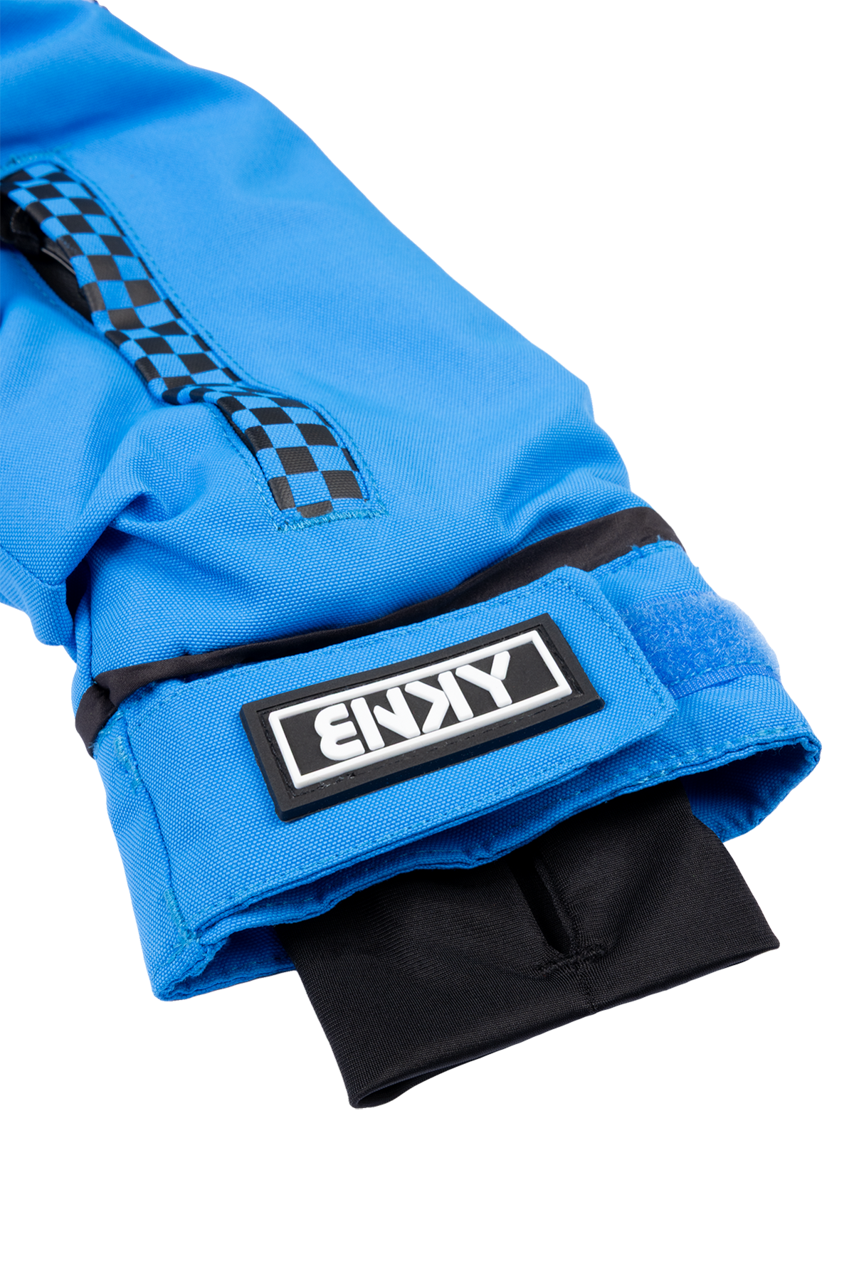 Close-up of the 99-90 BNKY Cobalt jacket featuring a vibrant blue fabric, checkered detailing, and a branded patch.