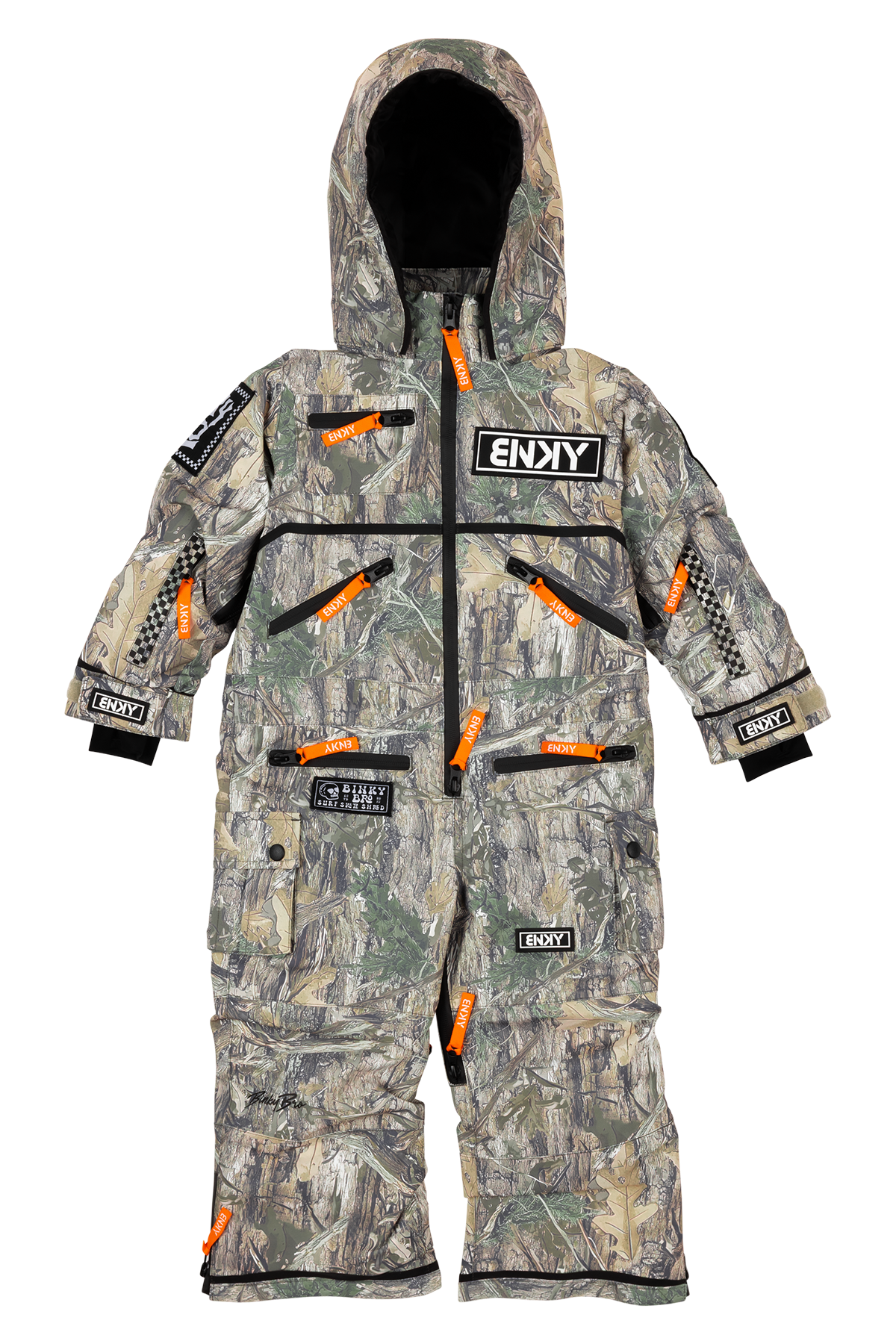 Stylish camo snowsuit for kids featuring multiple zippered pockets and a cozy hood, perfect for outdoor adventures.