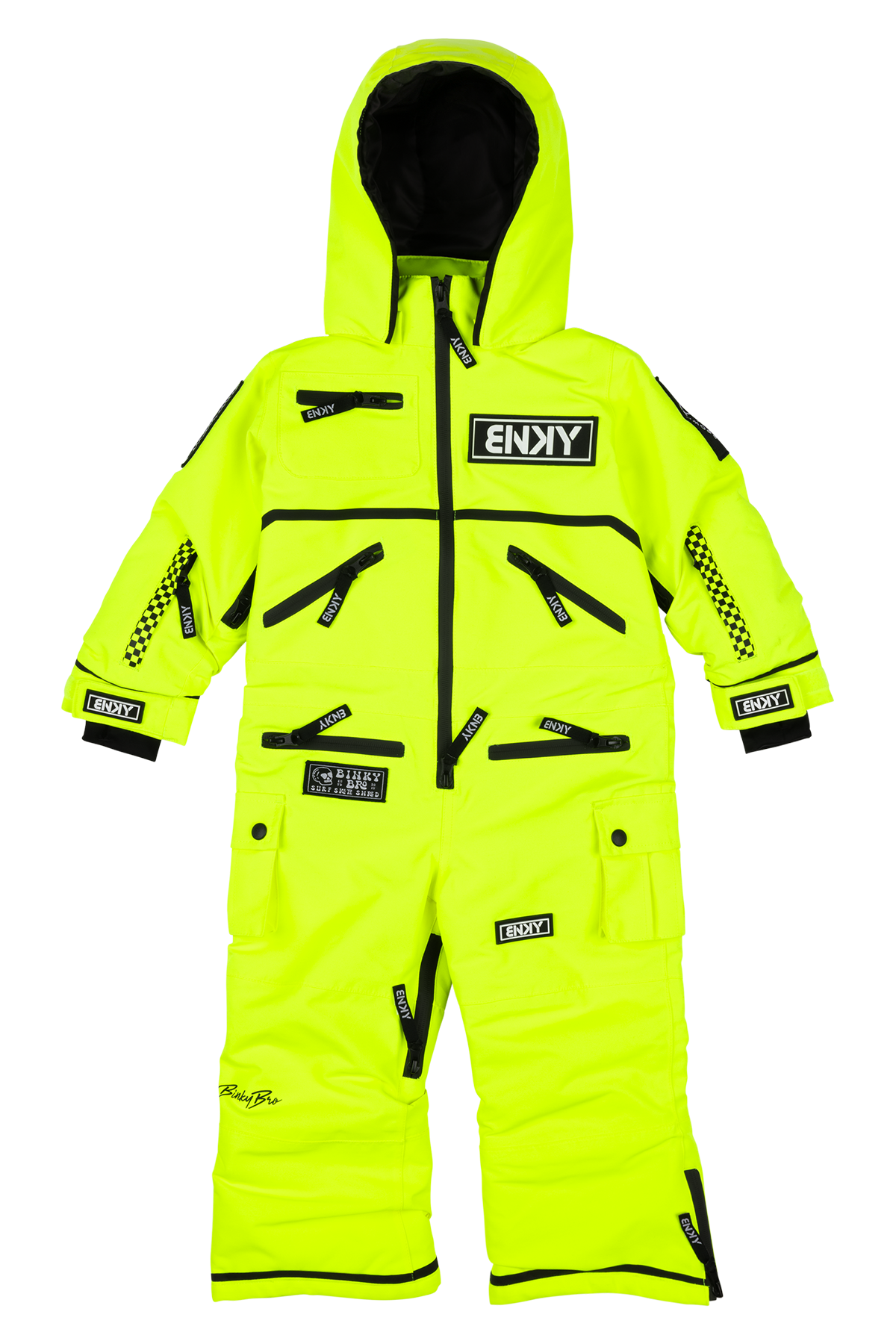 Bright chartreuse snowsuit with multiple zippered pockets and a hood, designed for infants and toddlers. Ideal for winter adventures.