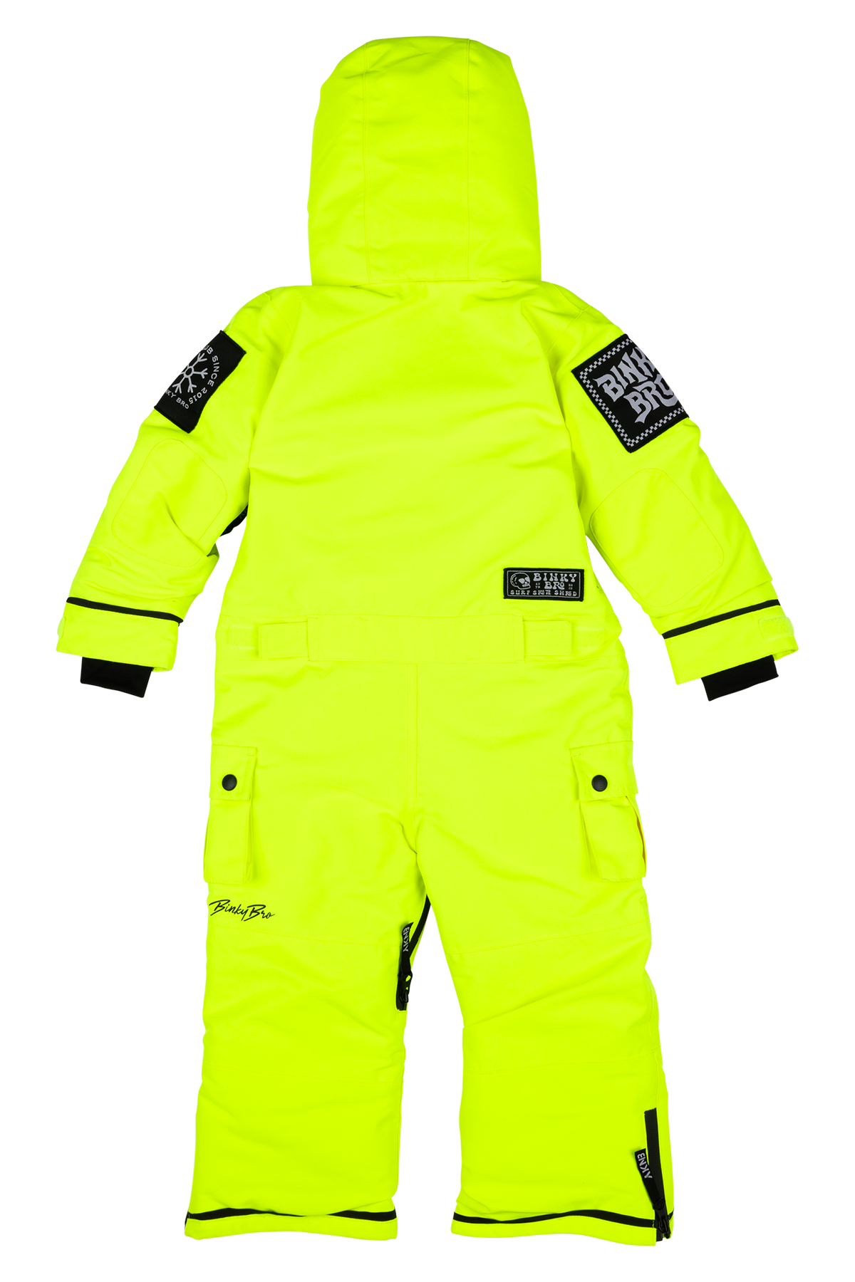 Bright chartreuse snowsuit for kids with adjustable hood and pockets, designed for stylish outdoor adventures.