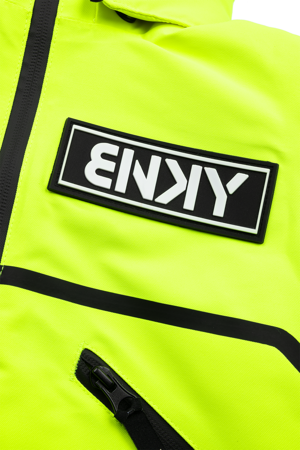 Bright chartreuse jacket featuring a prominent black and white BNKY logo patch and sleek zippered pocket details.