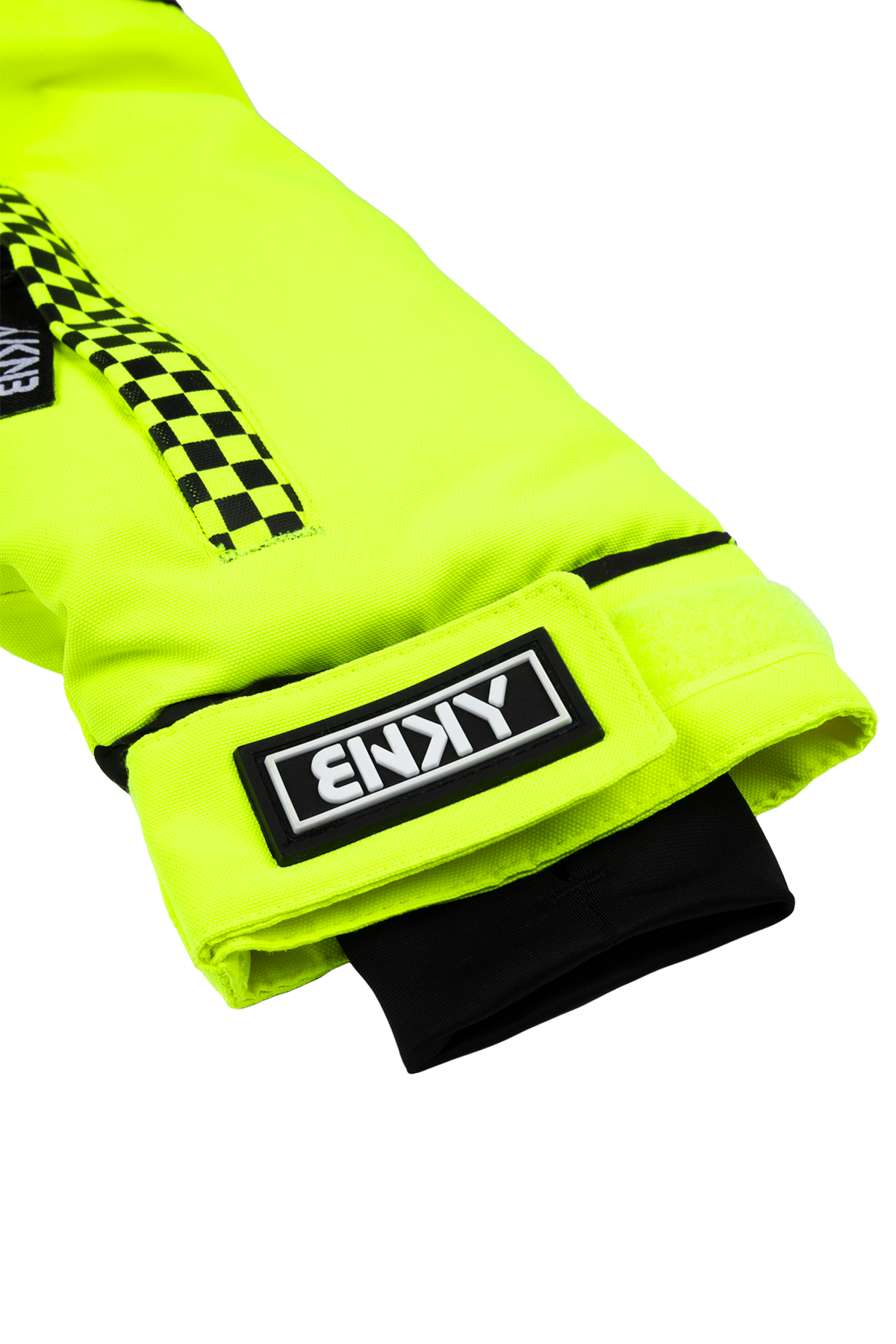 Bright chartreuse BNKY jacket sleeve featuring a checkered pattern and logo patch, designed for active youth.