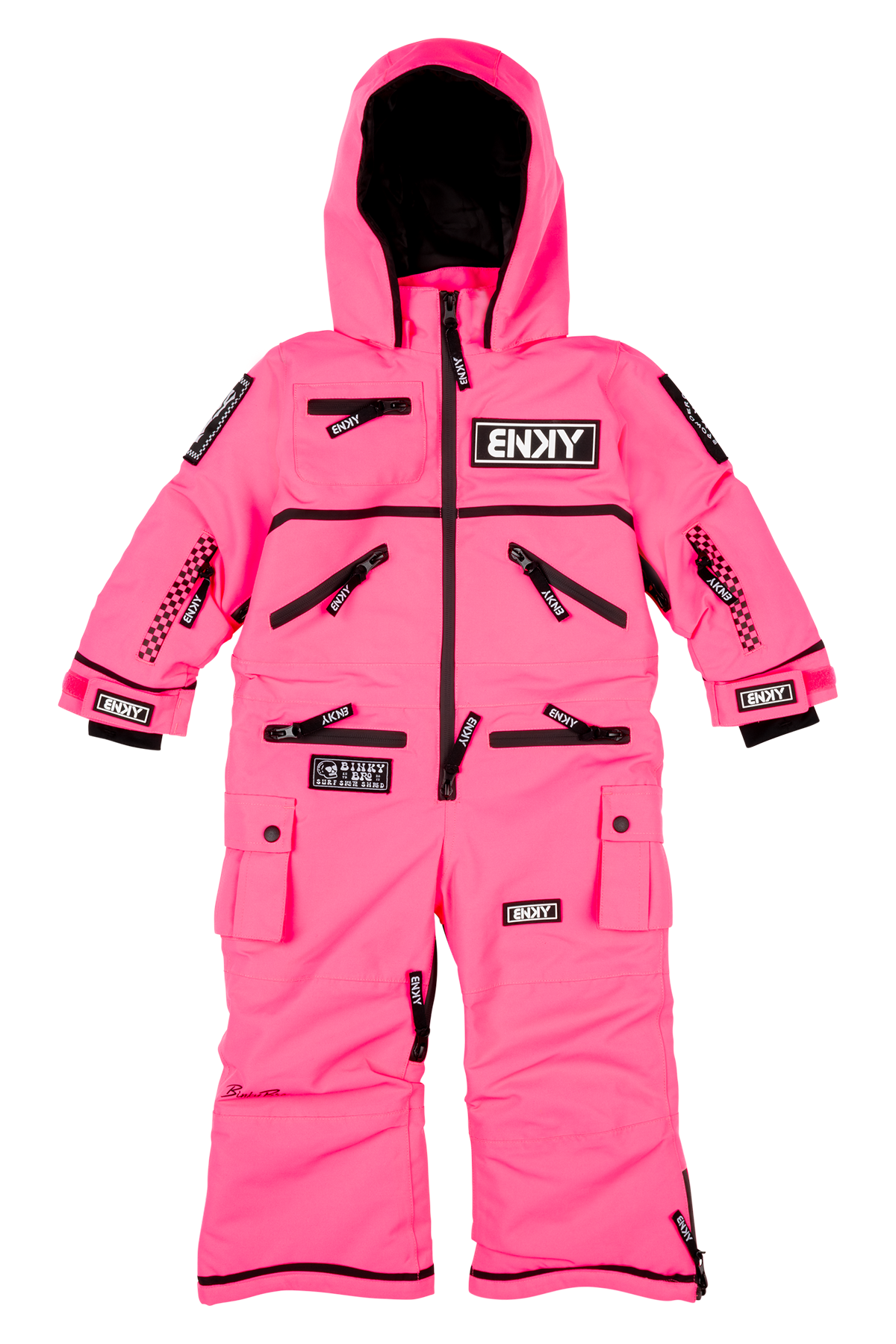 Bright pink BNKY Knockout snowsuit with multiple pockets and adjustable hood for infants and toddlers, perfect for winter adventures.