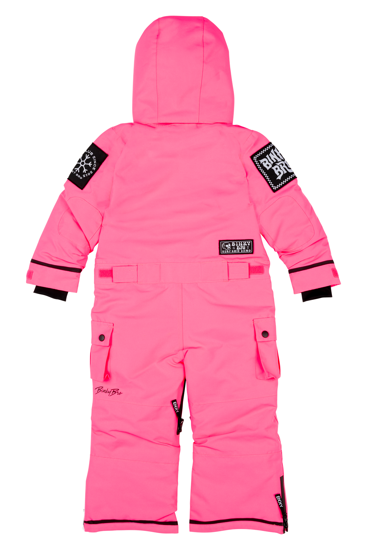 Bright pink children's snowsuit with a hood, featuring black accents and patches on the sleeves, designed for active play.