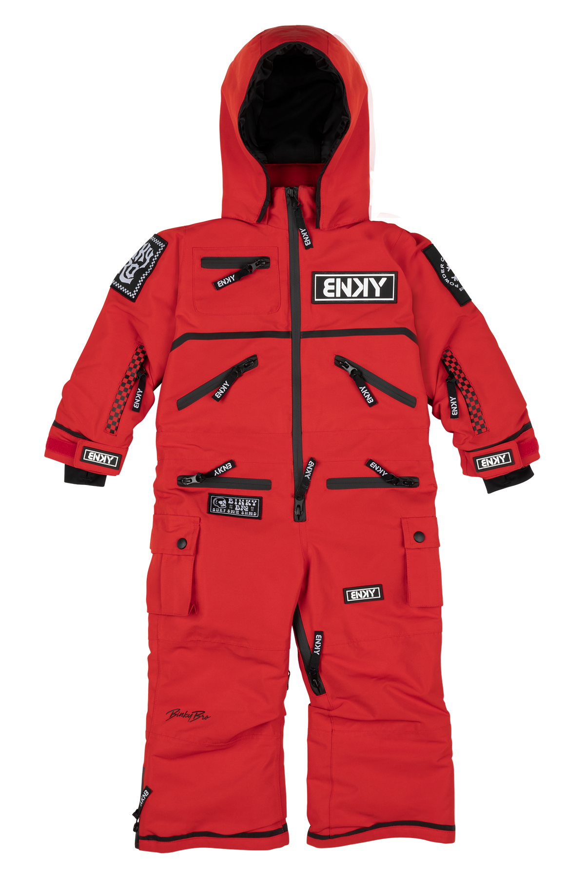 Bright red BNKY Imperial snowsuit featuring multiple zippered pockets, a hood, and stylish branding for kids.