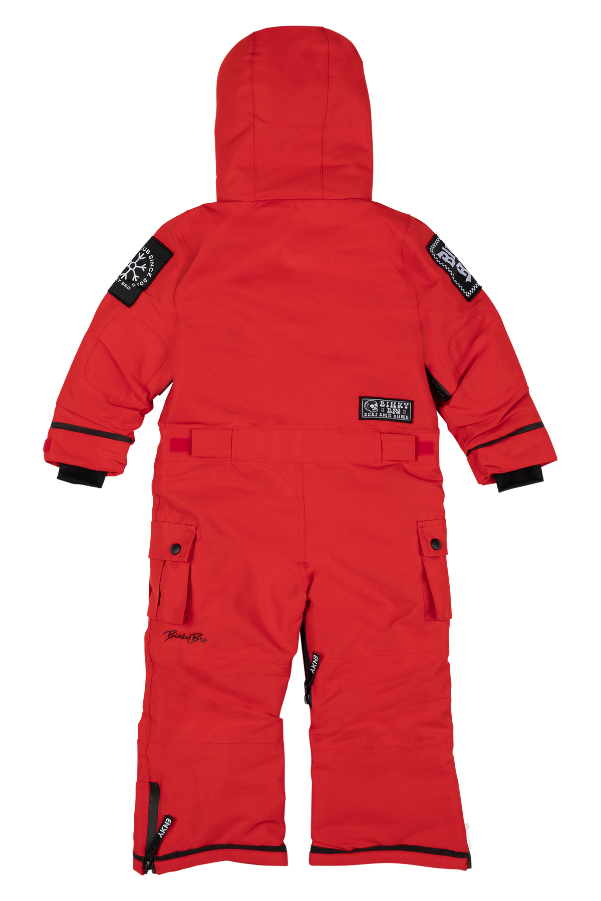 Bright red BNKY Imperial snowsuit for infants, featuring a hood and multiple pockets, designed for warmth and style.
