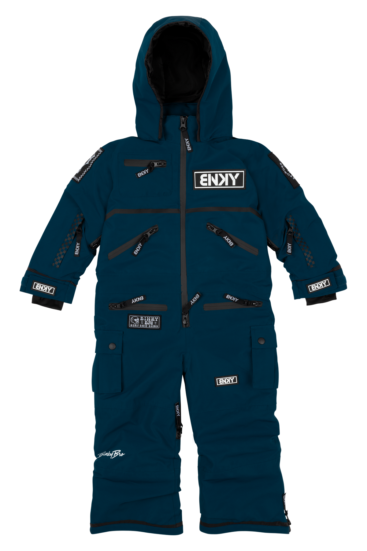 Stylish teal snowsuit for kids featuring multiple zippered pockets and a cozy hood, perfect for winter adventures.