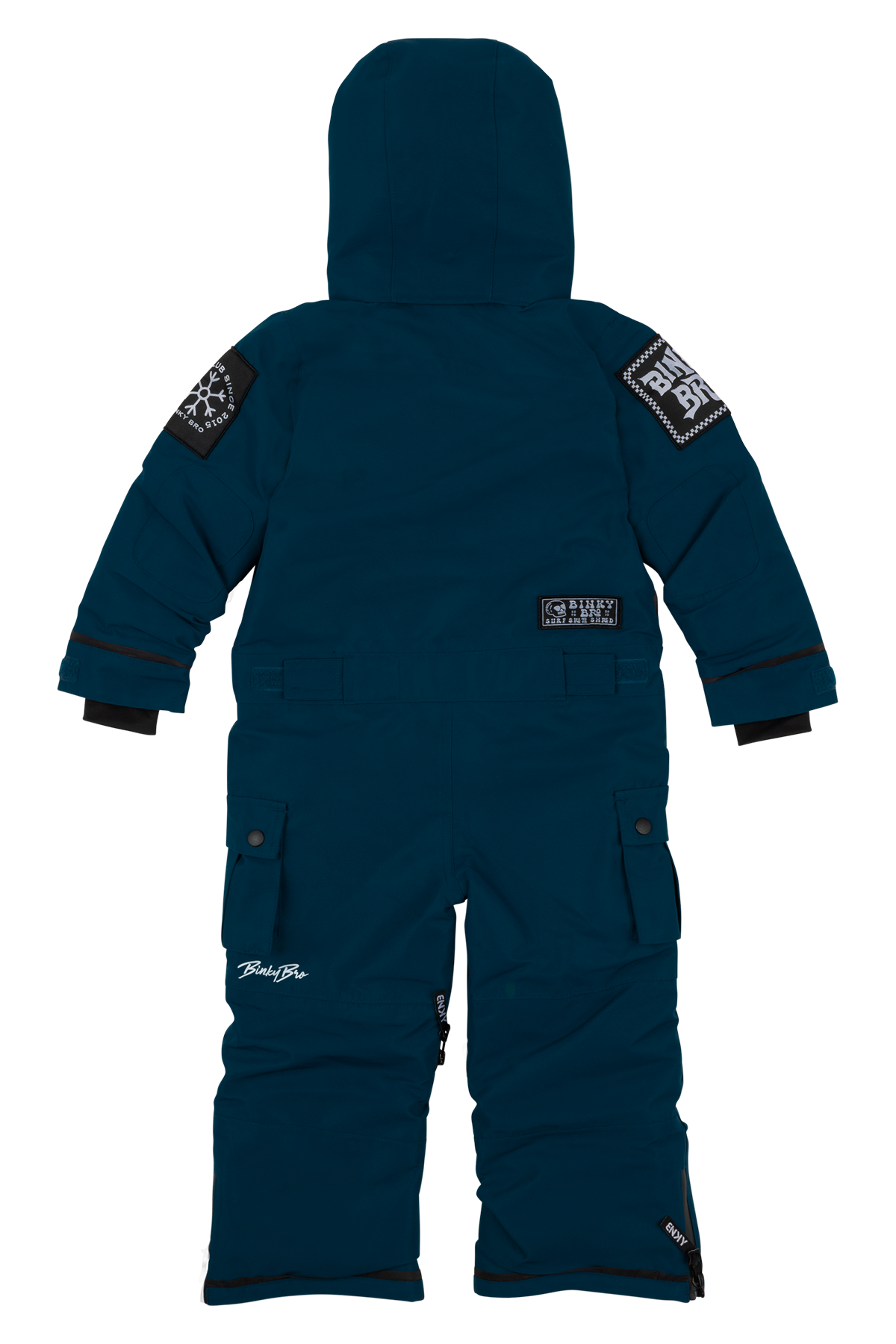 Back view of the BNKY Gibralta snowsuit in teal, featuring a hood, patches, and pockets for infants and toddlers.