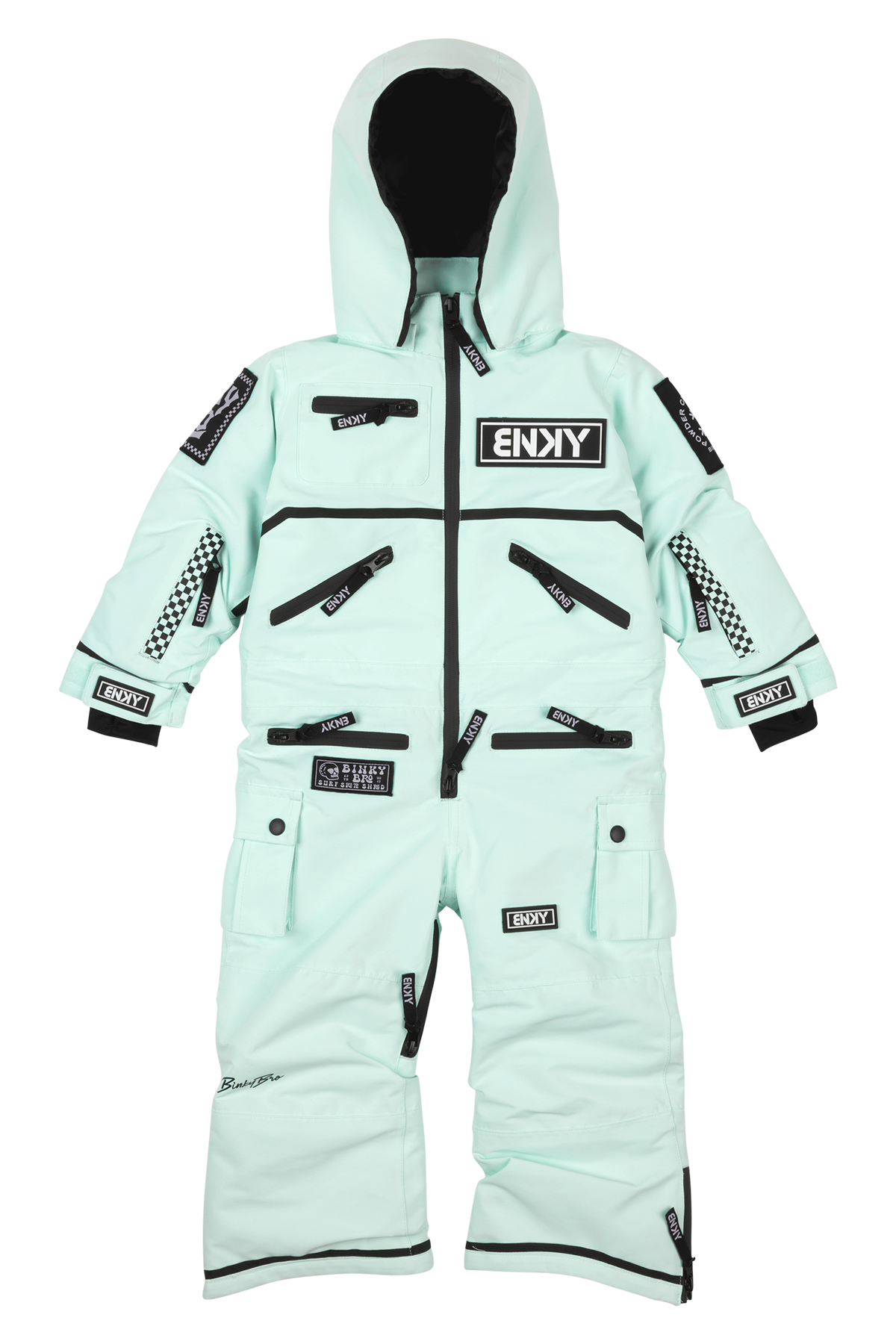 Dusty teal snowsuit with multiple pockets and patches, designed for infants and toddlers, perfect for winter adventures.