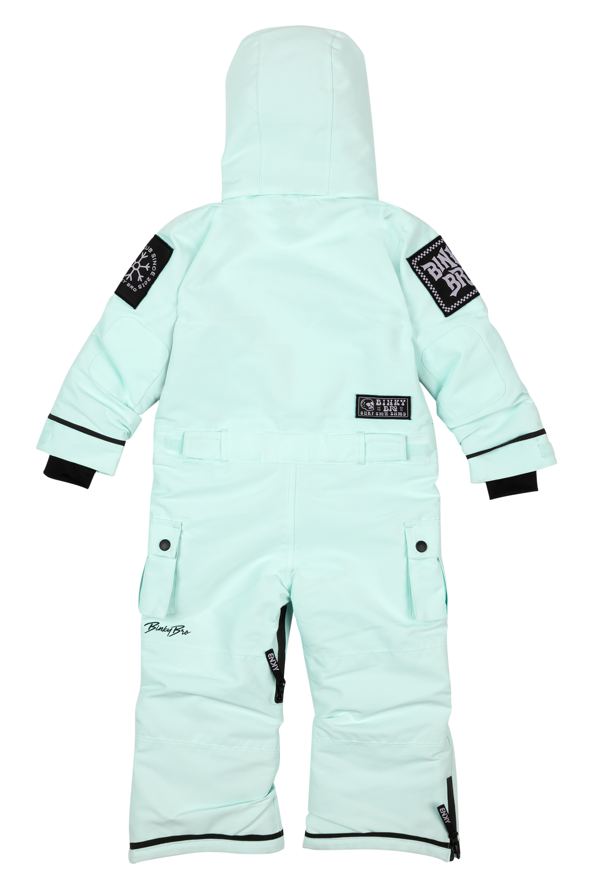 Dusty teal children's snowsuit with a hood, featuring black accents and patches, ideal for winter adventures.