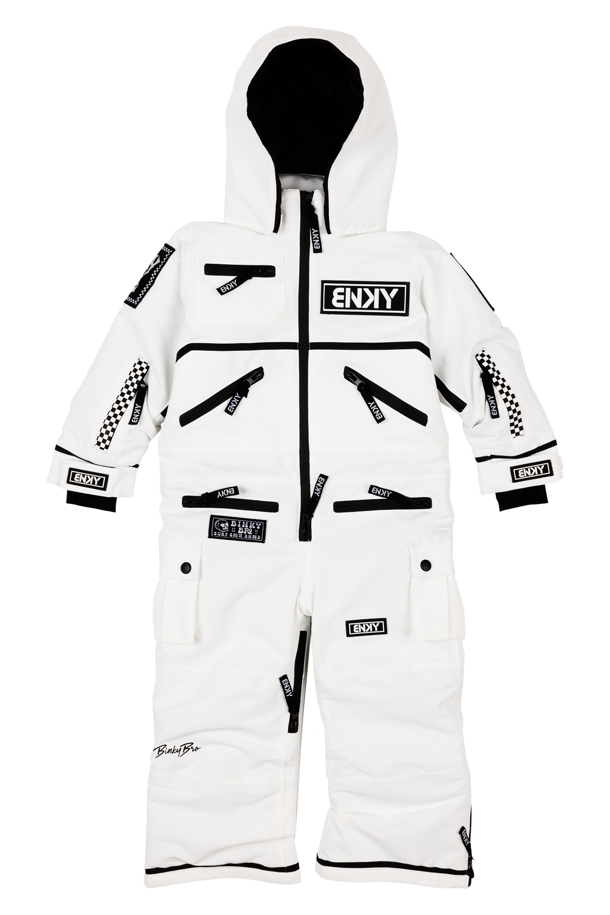 Stylish white snowsuit with multiple zippered pockets and black accents, designed for infants and toddlers by BinkyBro.