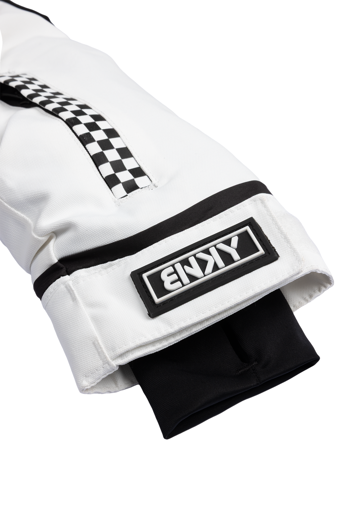 Stylish white BNKY Stalactite jacket sleeve featuring a checkered stripe and logo patch, designed for youth.