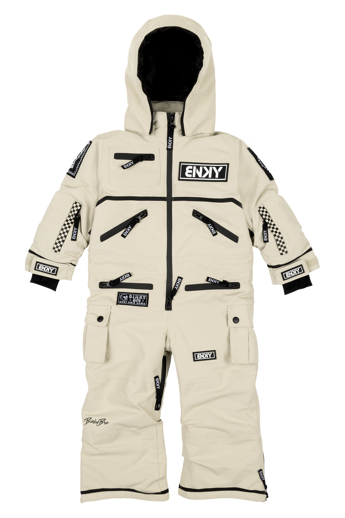 Cream-colored insulated snowsuit with multiple zippered pockets and a hood, designed for kids' winter wear.