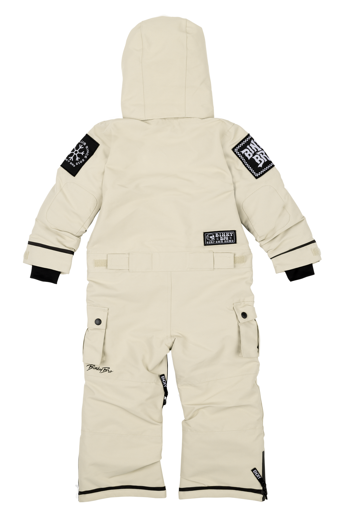 Cream-colored BNKY Island Fossil snowsuit with a hood, featuring black accents and patches, designed for infants and toddlers.