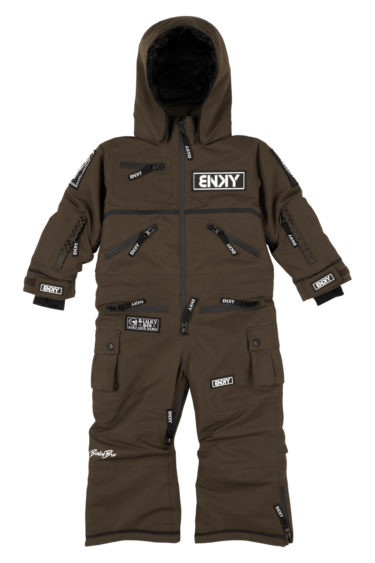 Brown children's snowsuit with multiple zippered pockets and logo patches, featuring a hood and insulated design.