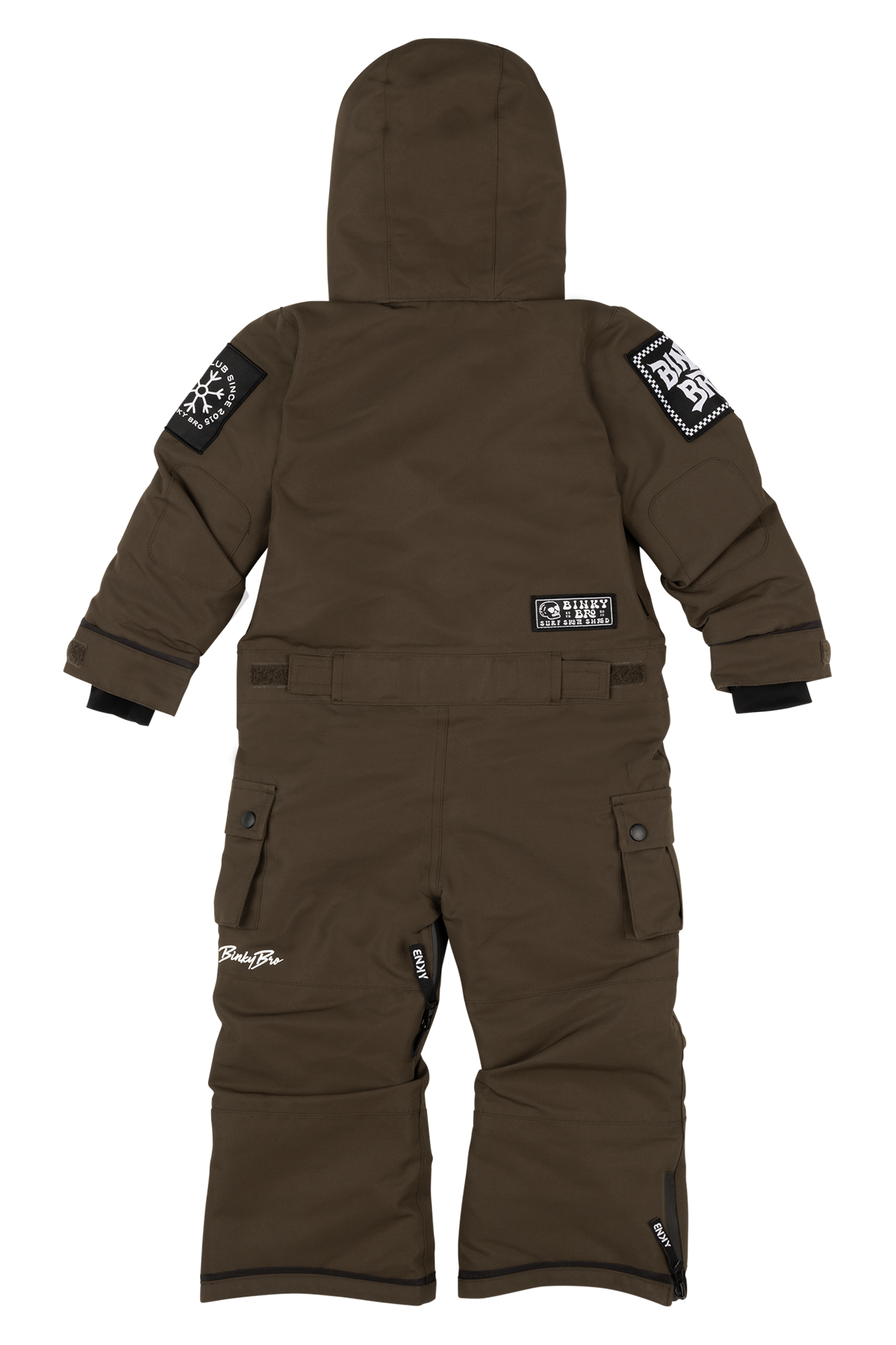 Brown insulated snowsuit for kids featuring a hood, adjustable cuffs, and logo patches on the sleeves.