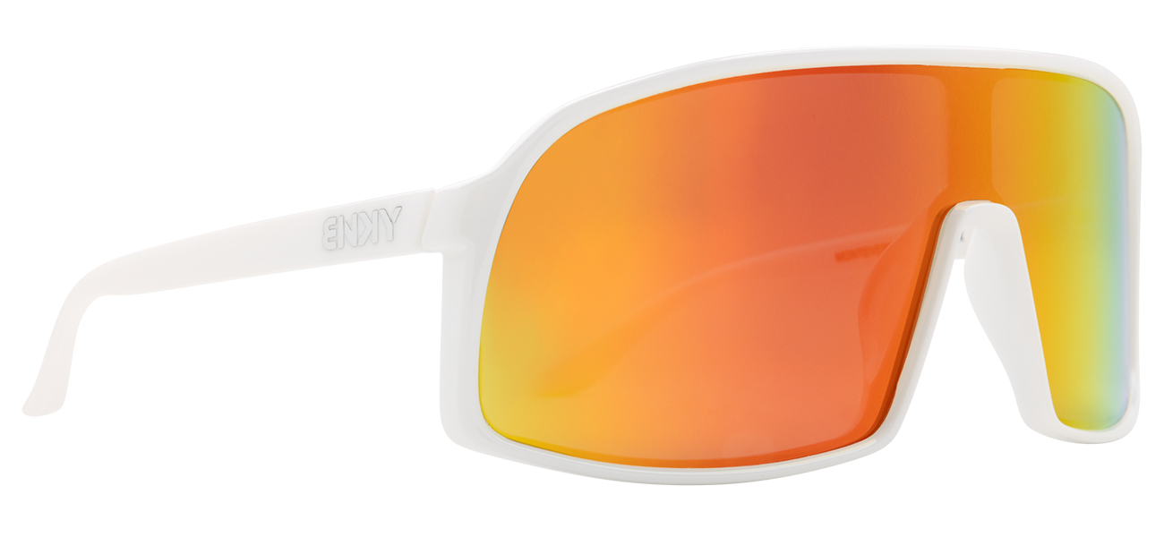 Junior Monteverde sunglasses in Cardinal color feature a sleek white frame and vibrant orange mirrored lenses, ideal for active youth.