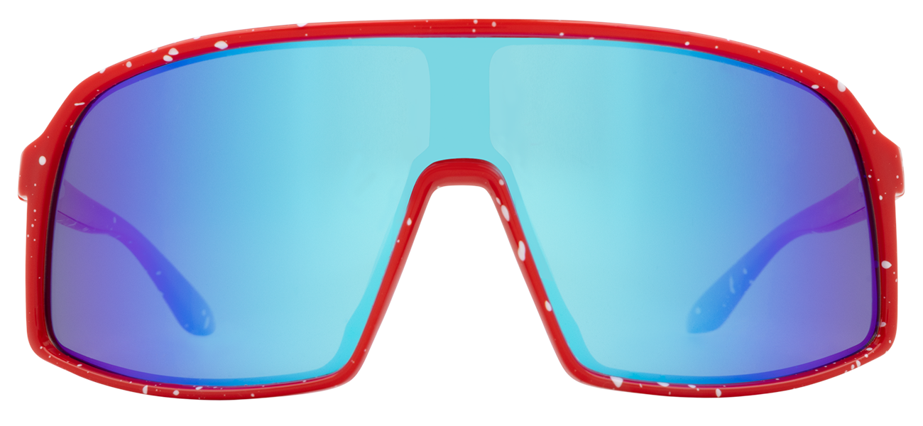 Stylish junior sunglasses in wild red with blue mirrored lenses, perfect for active kids embracing a surf-snow-skate lifestyle.