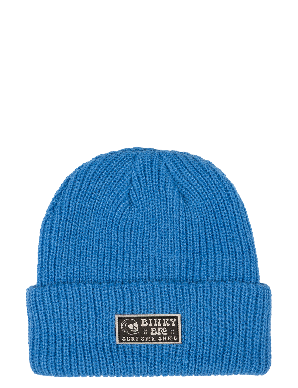 Neon blue beanie hat with a ribbed texture and a logo patch, designed for kids' stylish outdoor wear.