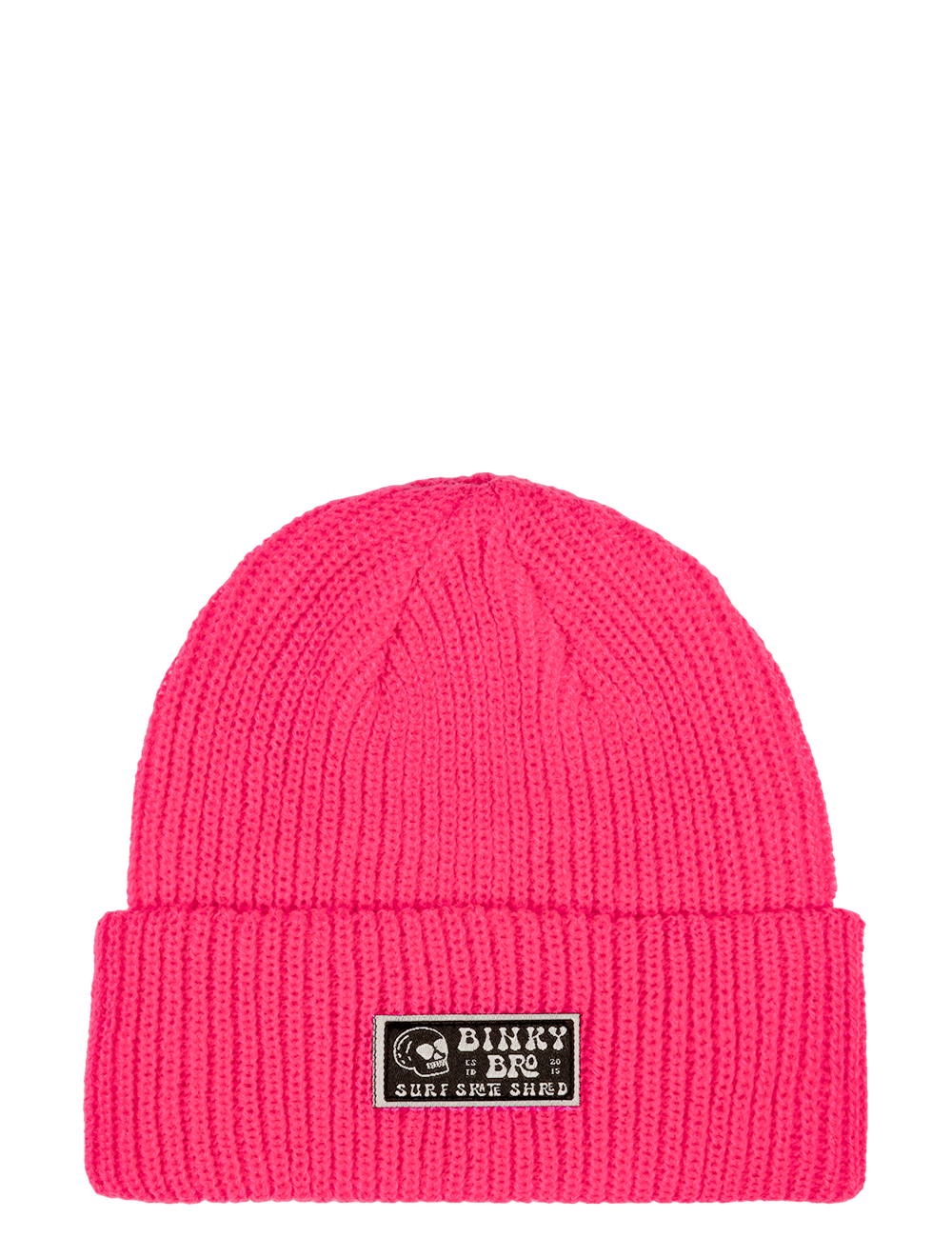 Neon pink beanie hat with a folded cuff and a BinkyBro logo patch, designed for stylish kids.