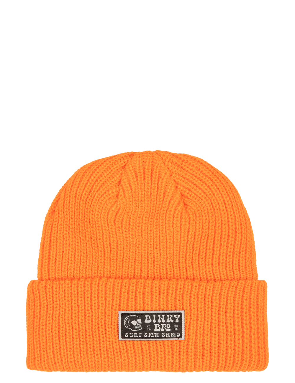 Neon orange beanie with a folded cuff and a BinkyBro logo patch, perfect for stylish kids and outdoor adventures.