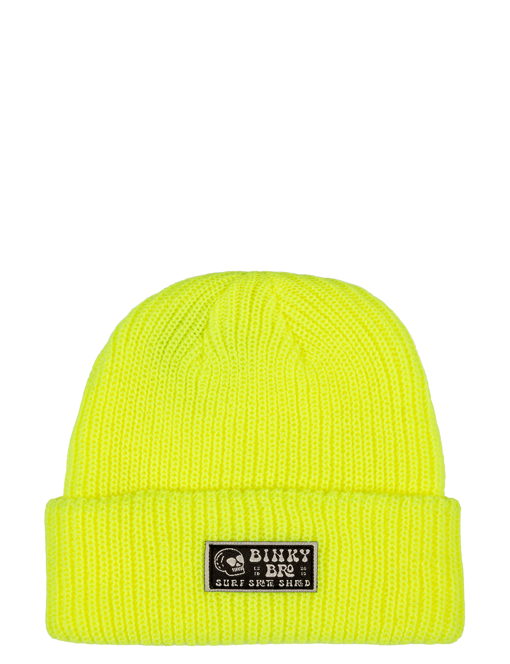 Neon yellow beanie hat with a ribbed texture and a black BinkyBro logo patch on the front. Perfect for stylish kids.