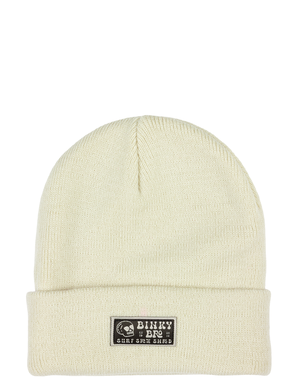 Tan knit beanie with a folded cuff and BinkyBro logo, designed for stylish infants and toddlers. Perfect for outdoor adventures.