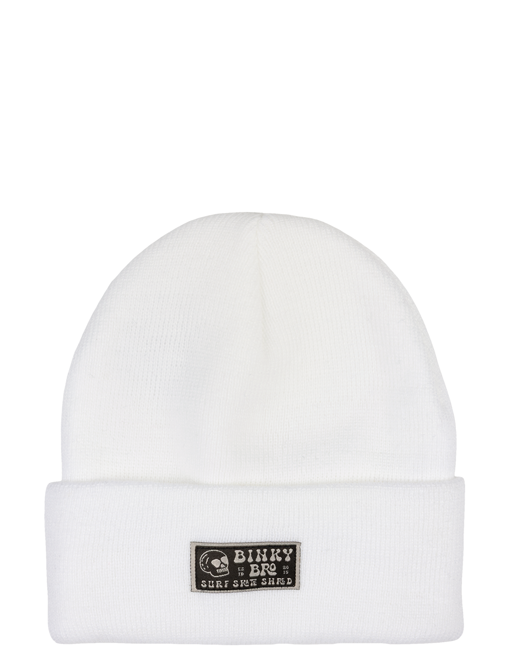 White Summit Express beanie featuring a stitched BinkyBro logo patch, designed for stylish infants and toddlers.