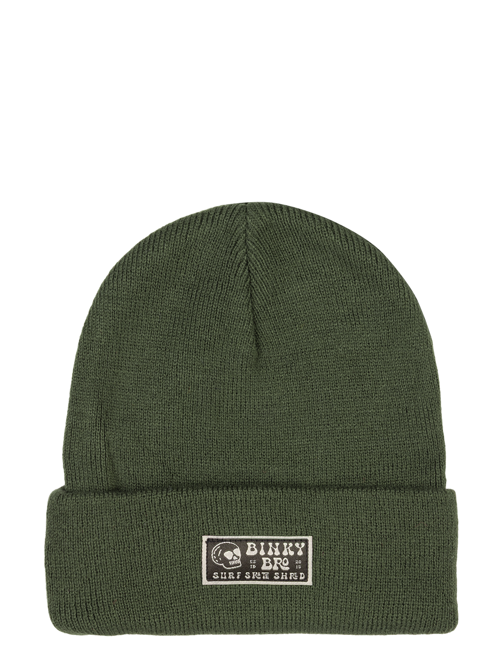 Stylish evergreen beanie with a folded cuff and BinkyBro logo patch, perfect for infants and toddlers.