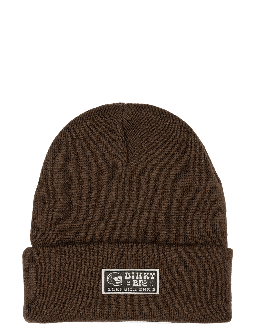 Brown knit beanie with a folded cuff and a BinkyBro logo patch, perfect for stylish warmth in cold weather.