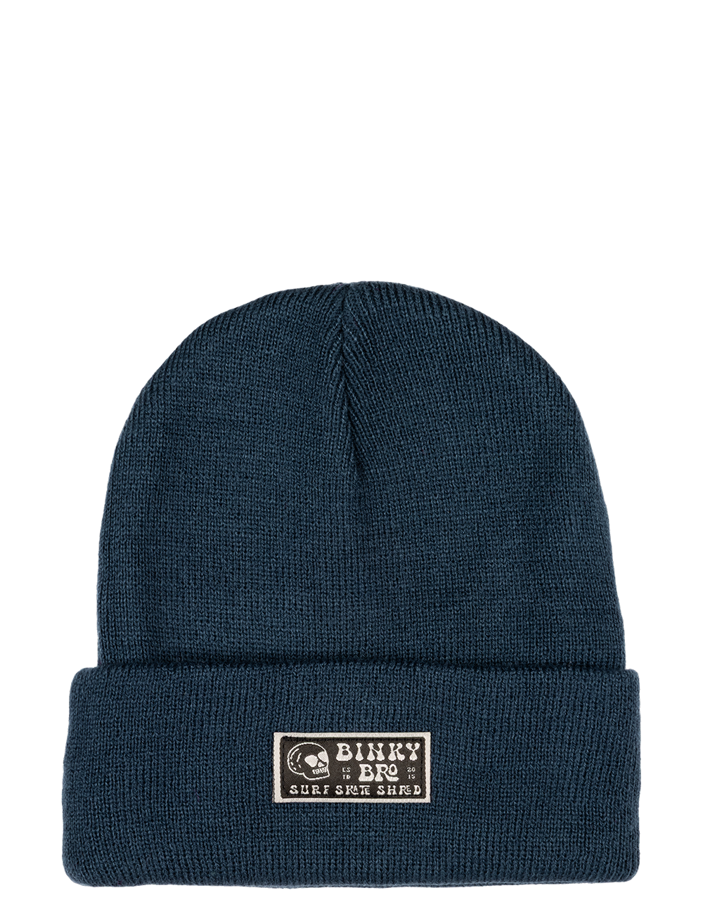 Slate blue beanie hat with a folded cuff and a BinkyBro logo patch, perfect for stylish warmth in any season.