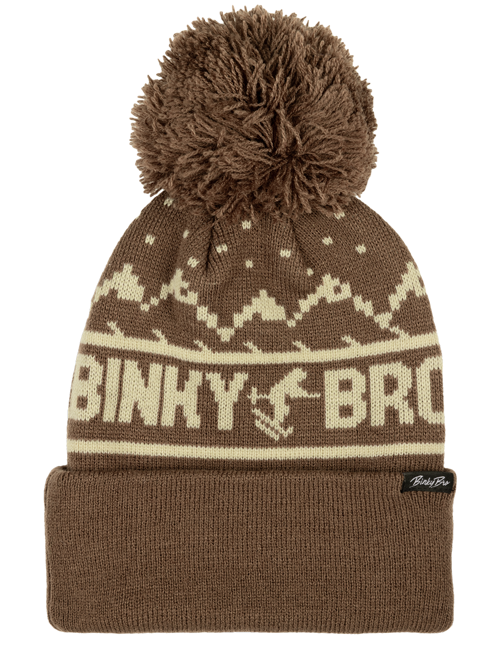 Cozy brown knit beanie with a pom-pom, featuring mountain patterns and BinkyBro logo, perfect for kids' outdoor adventures.