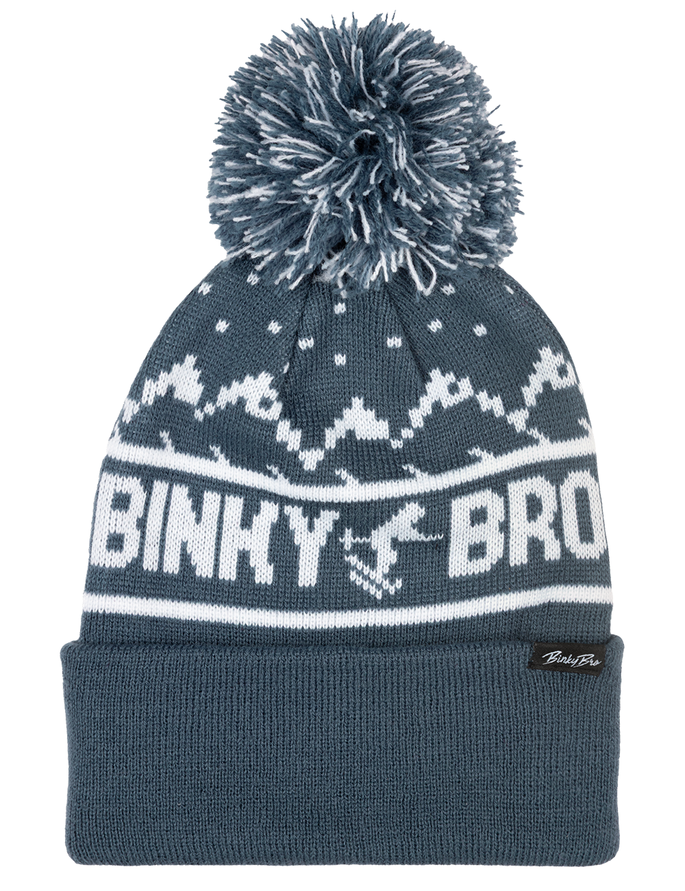 Cozy blue beanie with a pom-pom, featuring a mountain pattern and "Binky Bro" logo, perfect for stylish kids.