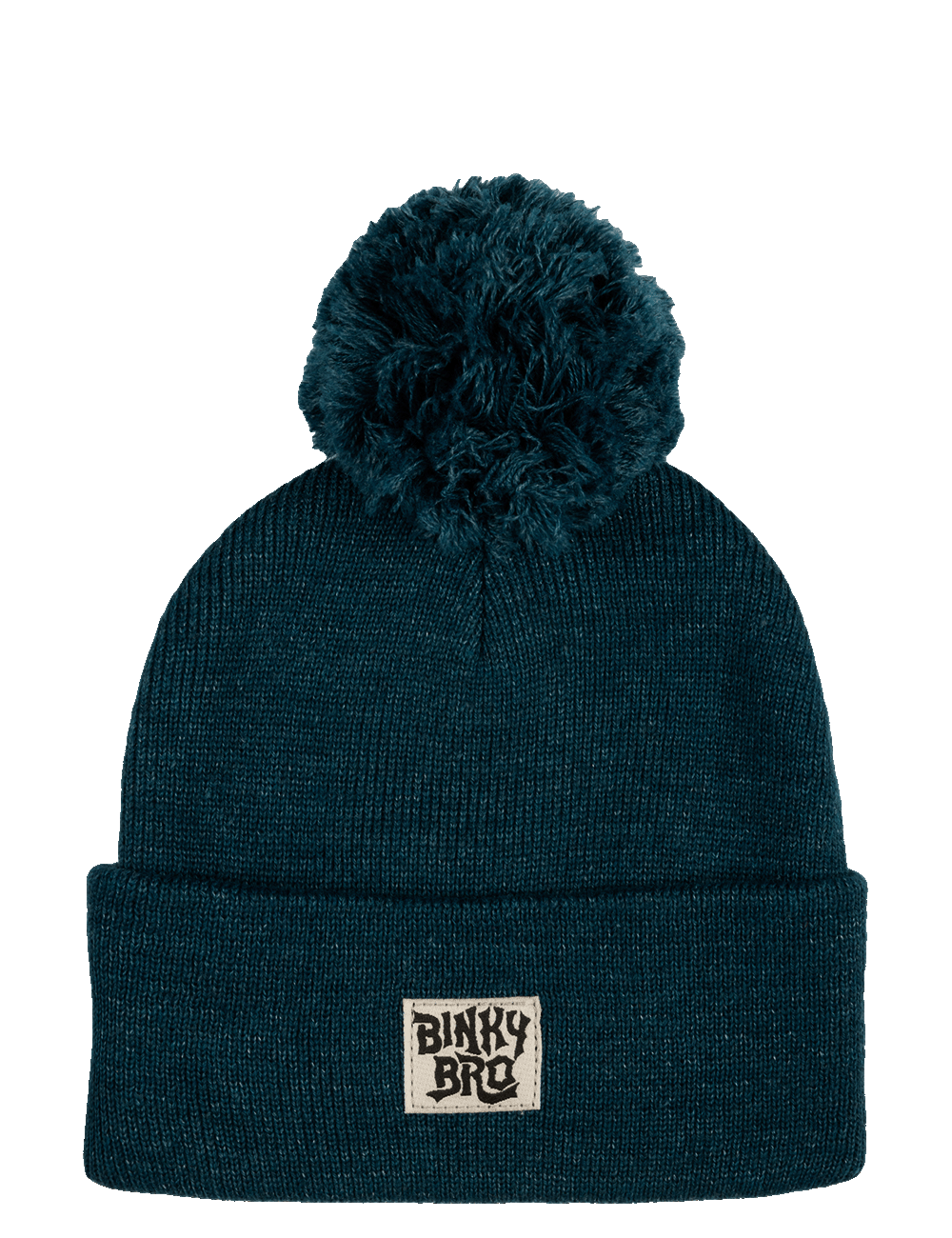 Cozy blue beanie with a fluffy pom-pom on top and a BinkyBro logo patch, perfect for stylish kids.