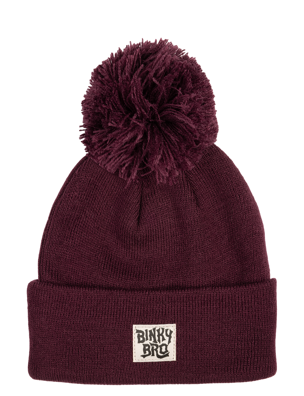 Maroon beanie with a large pom-pom on top and a BinkyBro logo patch, perfect for stylish kids' winter wear.