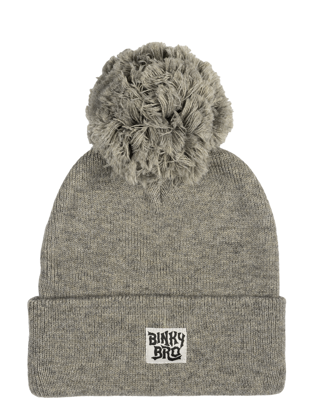 Cozy gray knit beanie with a fluffy pom-pom on top and a BinkyBro logo patch, perfect for stylish kids.