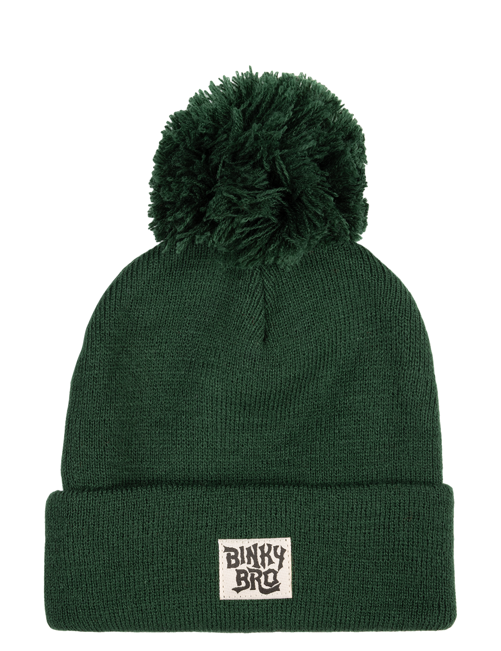 Cozy green beanie with a fluffy pom-pom on top and a BinkyBro logo patch, perfect for stylish kids.