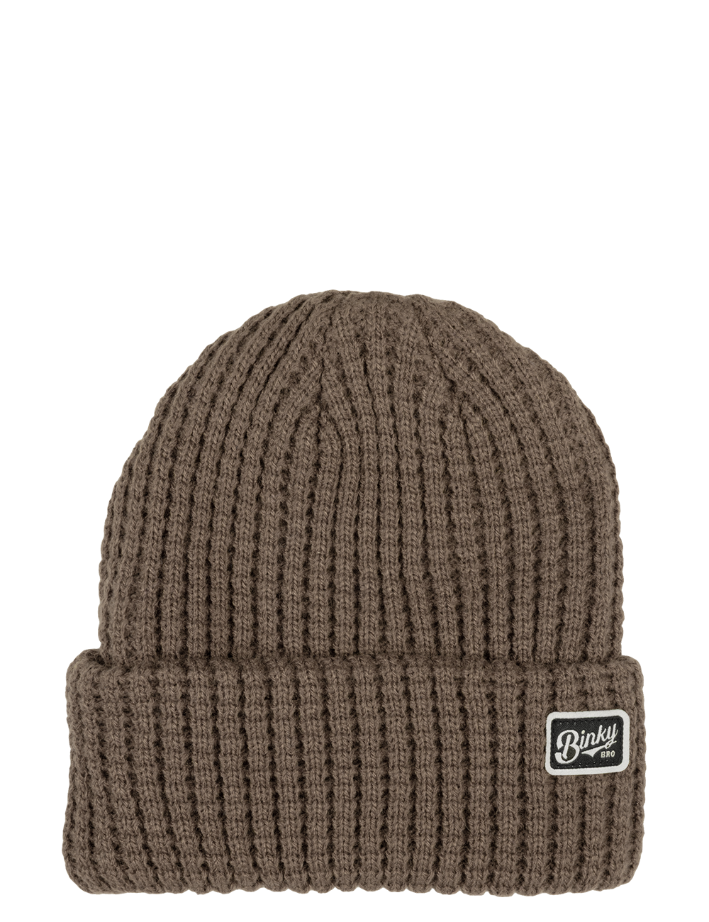 Waffle Brown beanie with a ribbed texture and a fold-over cuff, featuring a BinkyBro logo patch. Ideal for stylish kids.