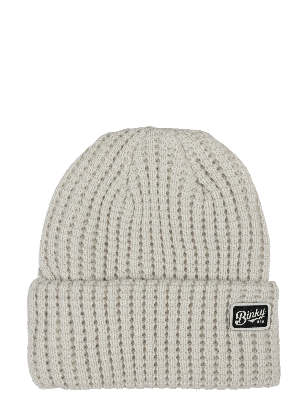 Natural waffle knit beanie in light beige with a folded cuff and BinkyBro logo, perfect for stylish kids.