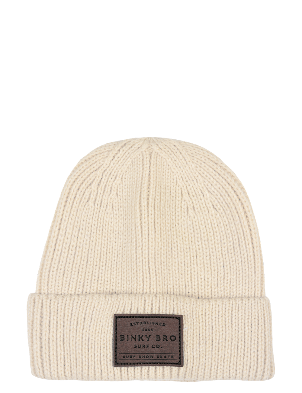 Cozy cream beanie with a folded cuff and Binky Bro Surf Co. logo patch, perfect for stylish warmth in cold weather.