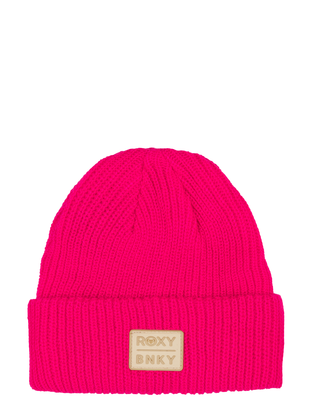 Bright pink knit beanie with a folded cuff and a branded patch, perfect for stylish infants and toddlers.