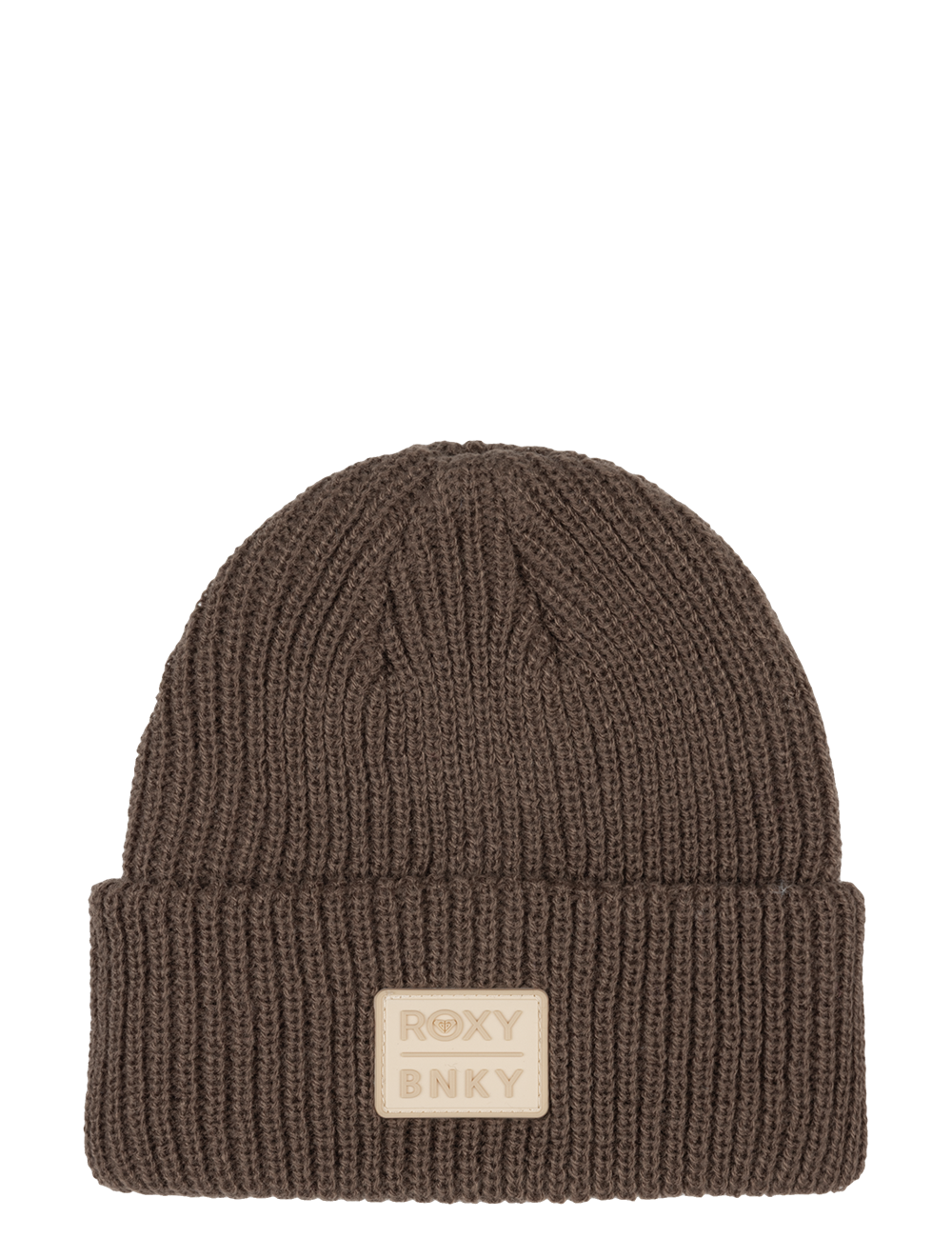 Brown knit beanie featuring a folded cuff and a Roxy BNKY logo patch, perfect for stylish warmth in cooler weather.