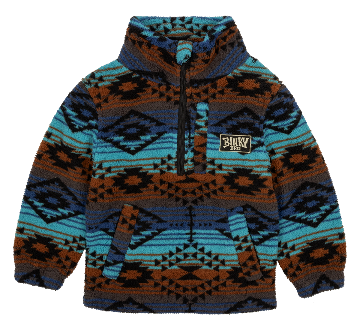 Cozy luxury fleece pullover in blue and brown geometric patterns, featuring a front pocket and BinkyBro logo.