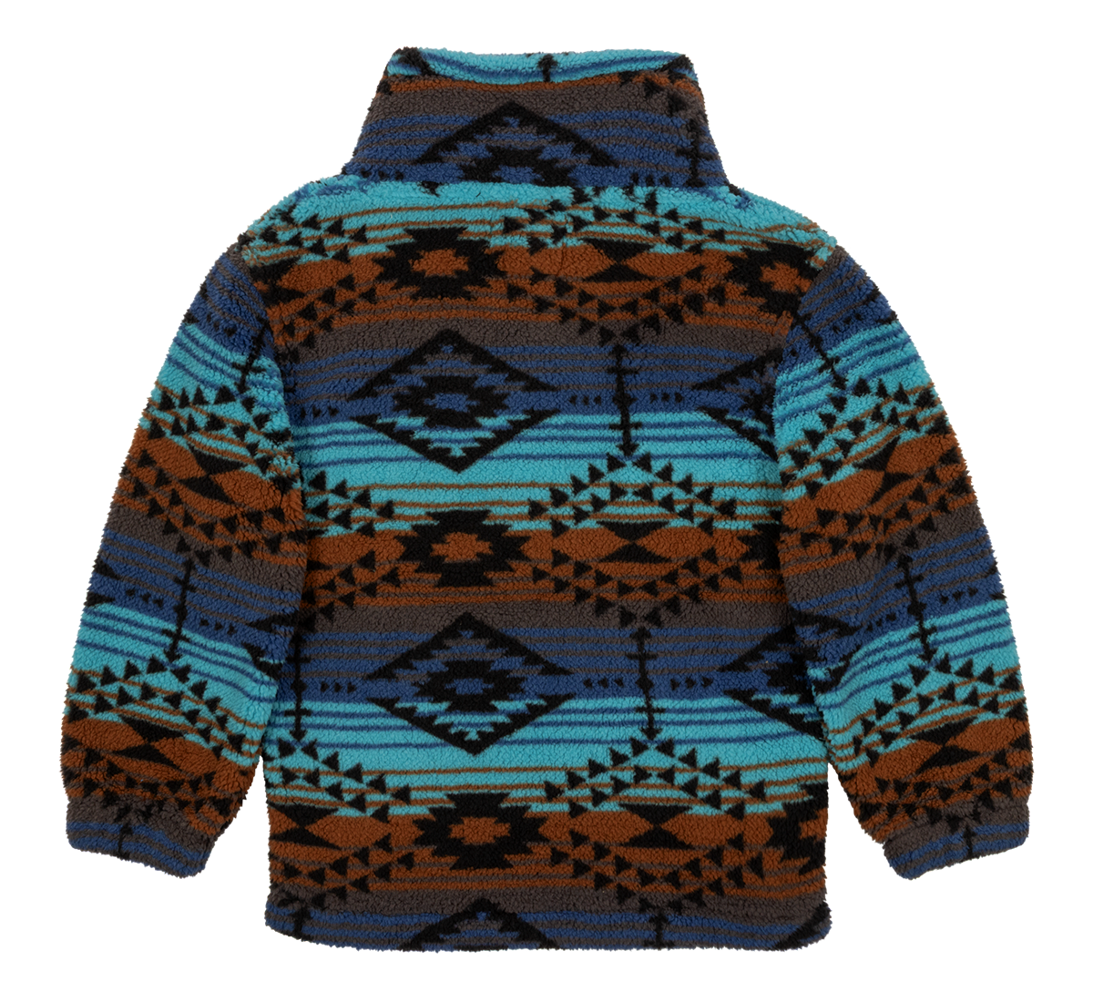 Cozy luxury fleece jacket featuring a vibrant geometric pattern in blue, brown, and black, perfect for stylish warmth.