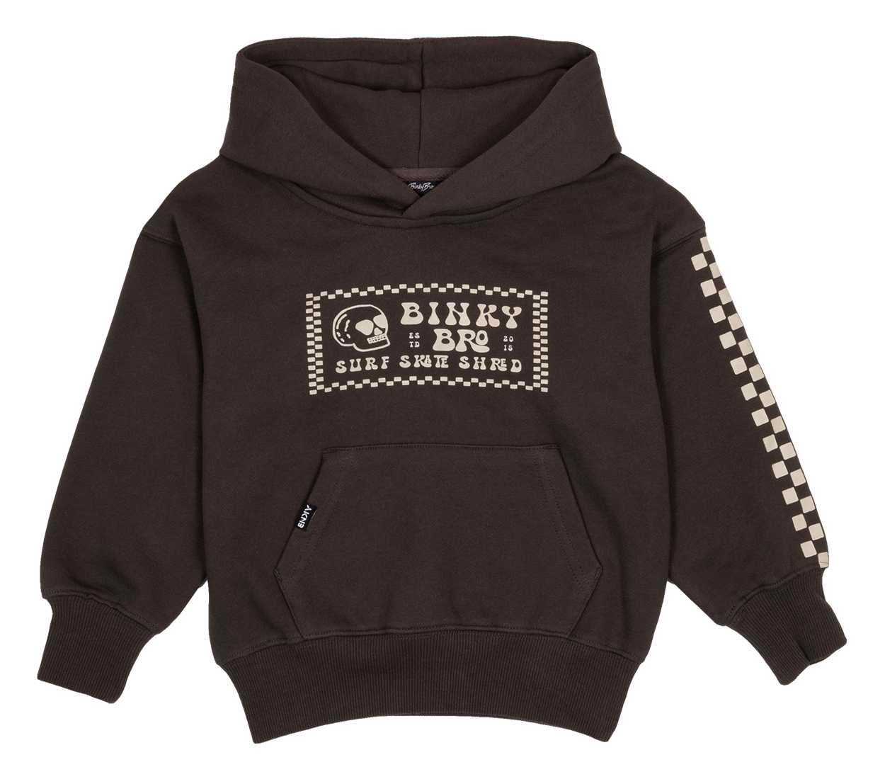 Brown hoodie featuring a Binky Bro graphic and checkered design on the sleeve, perfect for stylish kids.